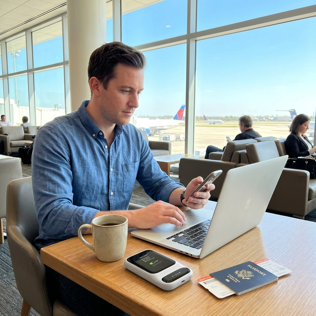 Traveler using Ryoko PRO on laptop at airport